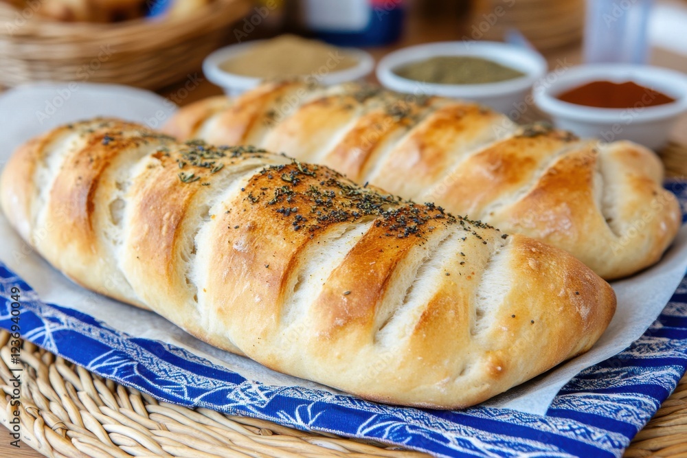 Freshly baked rustic bread loaves with herbs on a blue cloth. Freshly baked rustic bread loaves with herbs on a blue cloth.