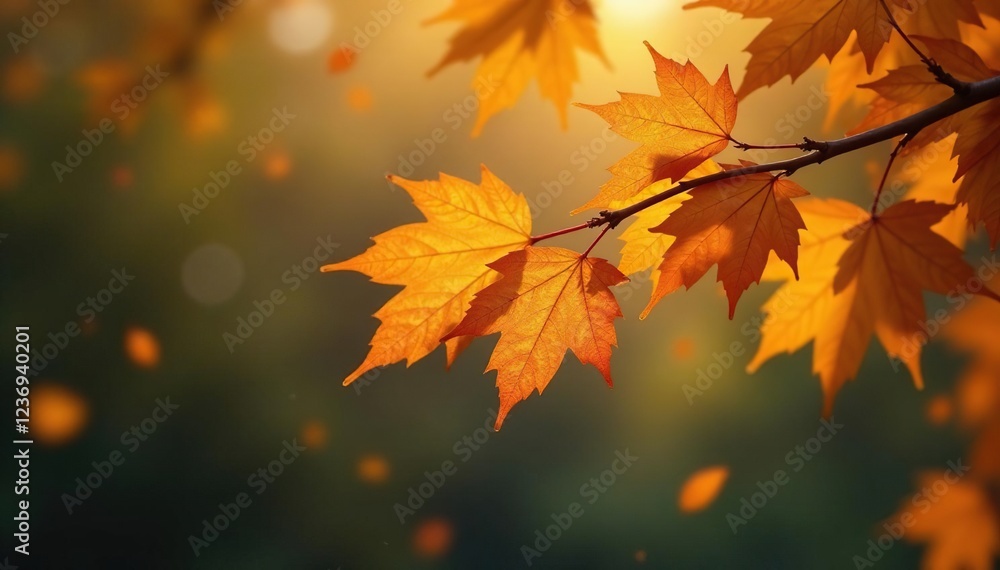 Golden brown leaf drops from deciduous tree branch, foliage, tree branches Golden brown leaf drops from deciduous tree branch, foliage, tree branches