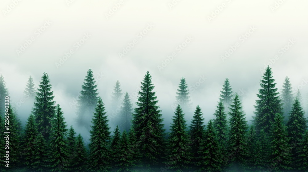 Fototapeta premium Serene Misty Forest Landscape with Lush Evergreen Trees