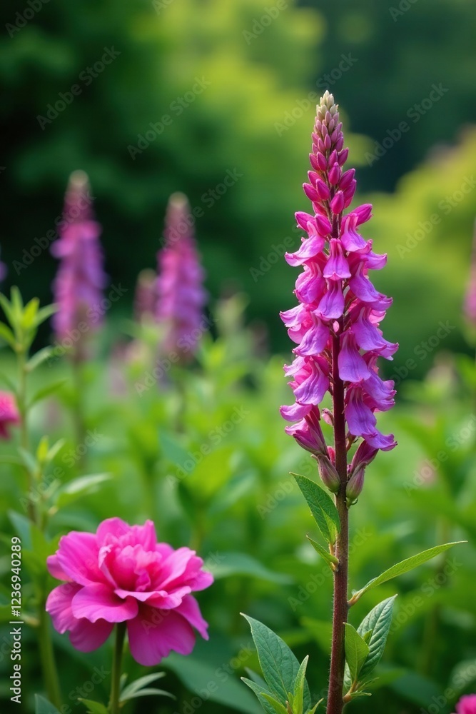 Salvia glutinosa in a garden with other plants, foliage, landscape Salvia glutinosa in a garden with other plants, foliage, landscape