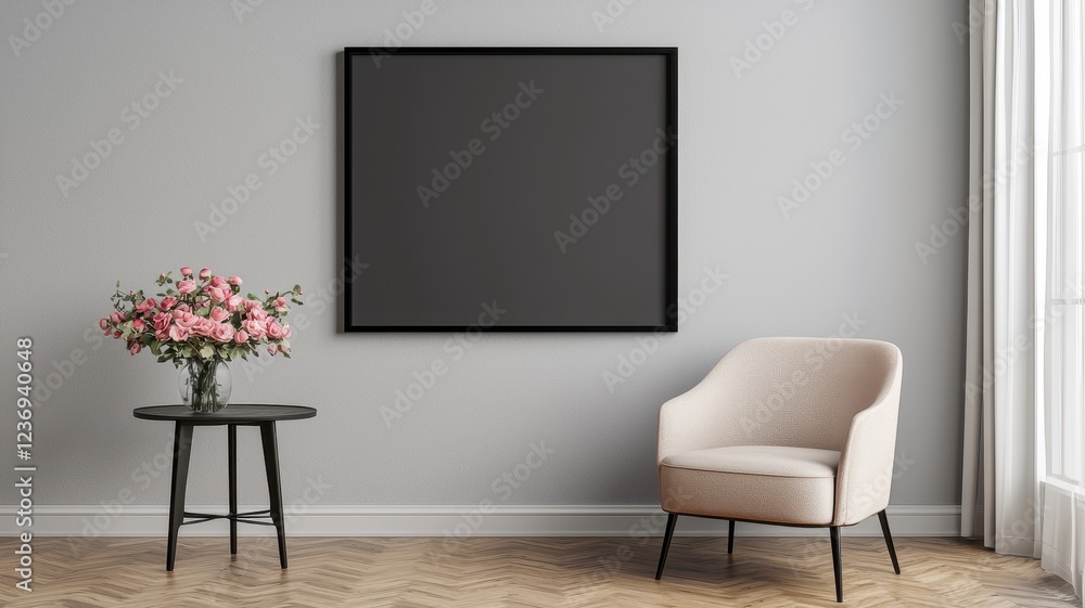 Modern Living Room with Neutral Tones and Elegant Floral Arrangement Modern Living Room with Neutral Tones and Elegant Floral Arrangement