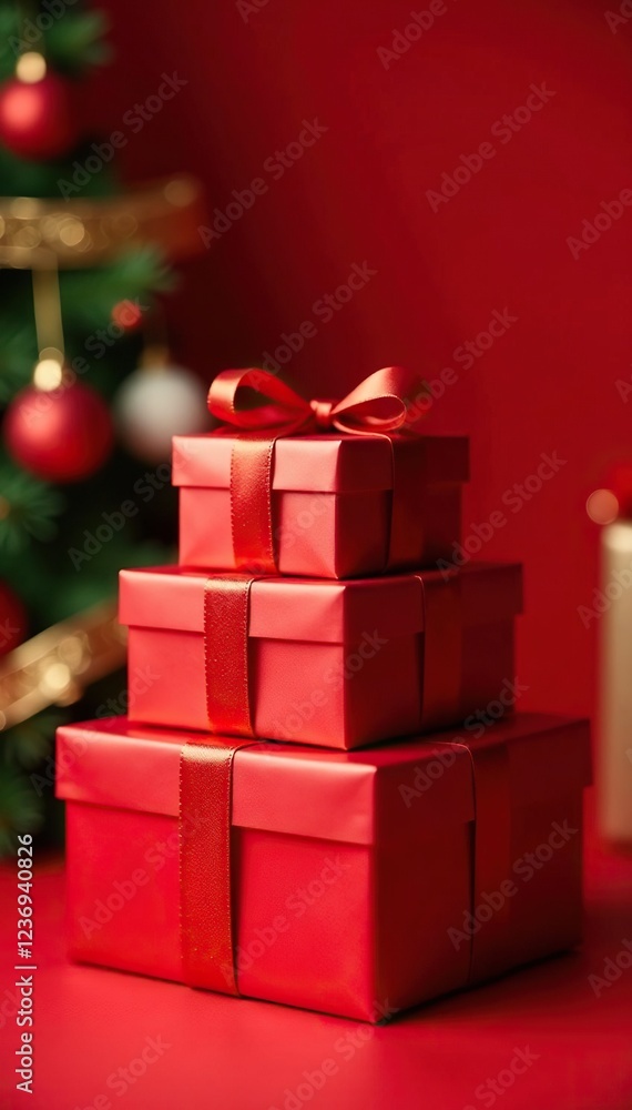 Obraz premium Stack of red Christmas gift boxes on a surface, table, christmas, red