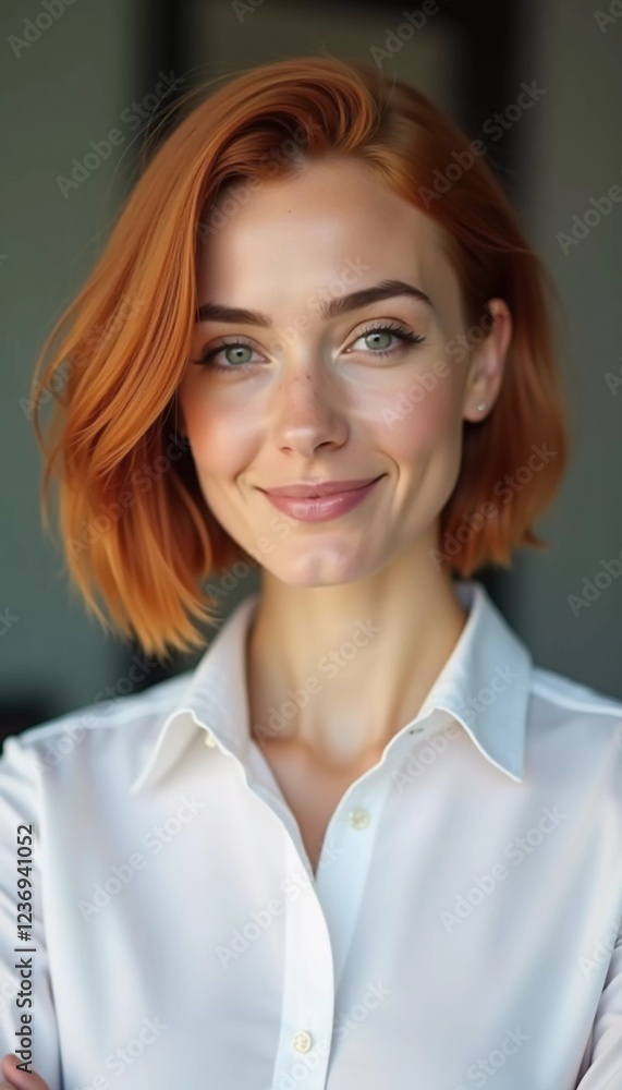 A confident office woman with red hair wearing a crisp white shirt. Bob haircut, calm background behind. Soft smile on a beautiful face. You are very important to us. Willingness to cooperate. Gen AI A confident office woman with red hair wearing a crisp white shirt. Bob haircut, calm background behind. Soft smile on a beautiful face. You are very important to us. Willingness to cooperate. Gen AI
