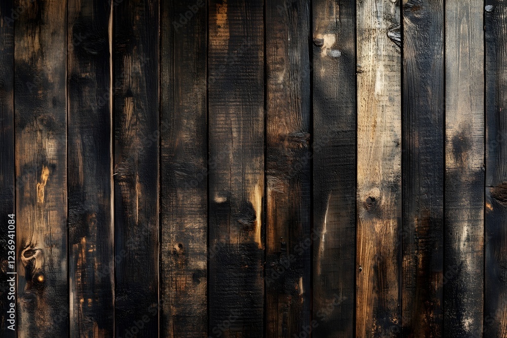 Fototapeta premium Dark brown wooden wall background with rustic texture and warm lighting