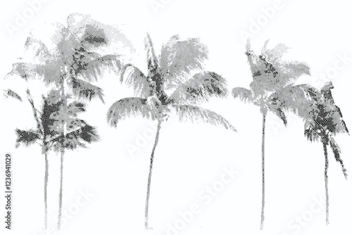 Palm Tree Grunge halftone gradient background. Faded grit noise texture.  tropical background. summer backdrop. t shirt design. Retro pixelated backdrop. White and black sand wallpaper.