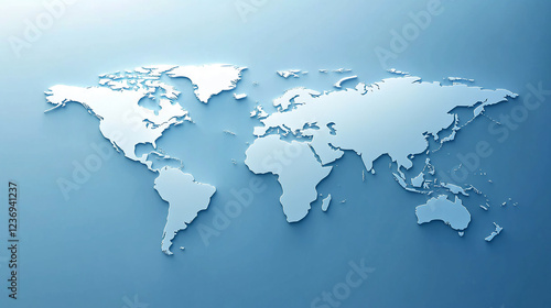 3D world map silhouette with a light blue background, showcasing global geography with a clean, modern design concept for travel, business, or international themes. photo