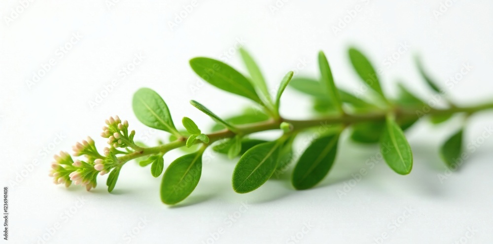 Naklejka premium Sprig of fragrant oregano flowers against a crisp white backdrop highlighting its delicate appearance, greenery, nature
