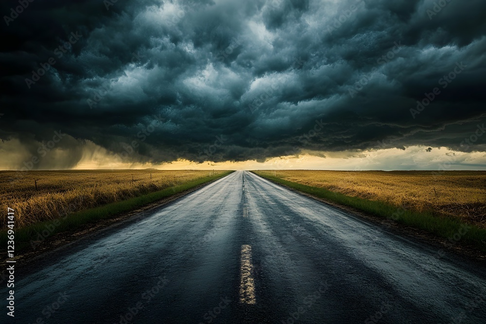 Naklejka premium Road leading into the distance with dark storm clouds overhead, signaling an impending rainstorm.