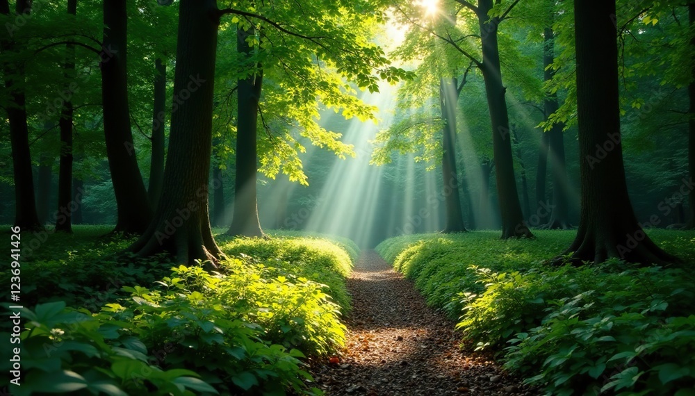 Fototapeta premium Sunlight casts dappled shadows on the forest floor as light filters through, foliage, nature, green