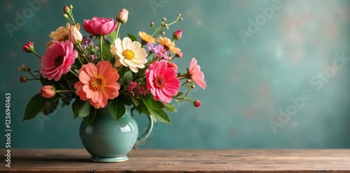 Wallpaper Mural A bouquet of colorful flowers in a vintage vase on a wooden table, botanical, flower decoration, Torontodigital.ca