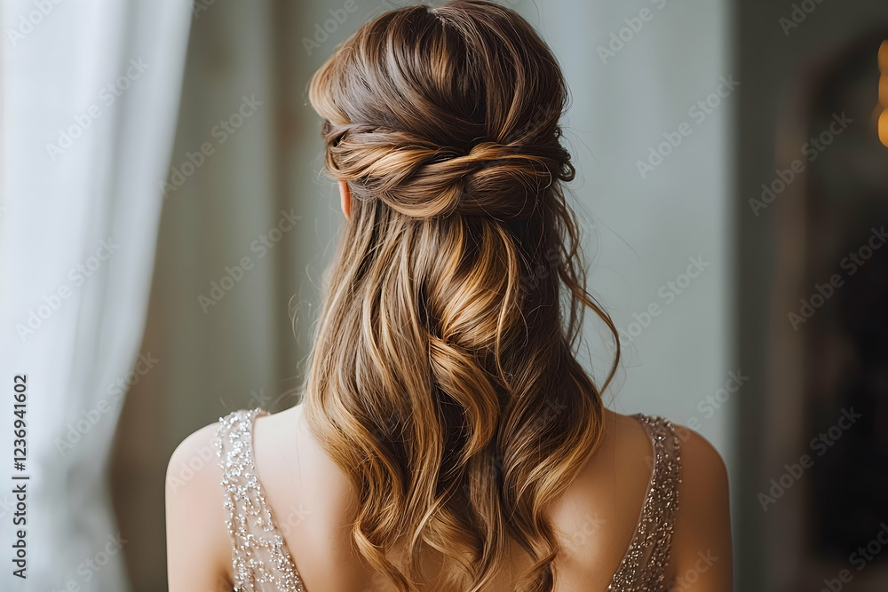 Half-up, half-down hairstyle, elegant and trendy Half-up, half-down hairstyle, elegant and trendy