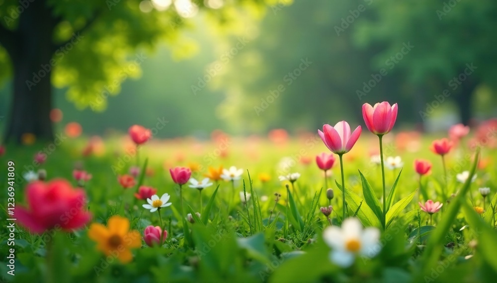 Gentle rain shower nourishes the spring flower field, green, water, blooming Gentle rain shower nourishes the spring flower field, green, water, blooming