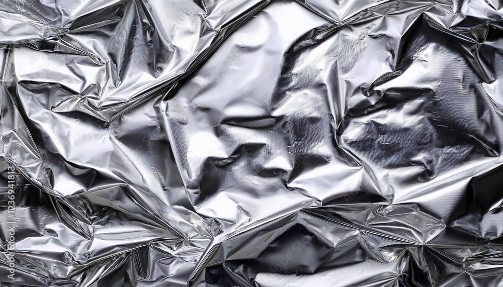 Close up of silver foil texture with intricate wrinkles and folds, creating shiny and reflective surface Close up of silver foil texture with intricate wrinkles and folds, creating shiny and reflective surface