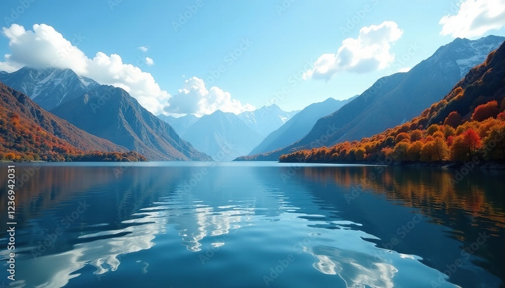 Naklejka premium Calm lake surface with autumnal ripples and surrounding mountains, water, serene