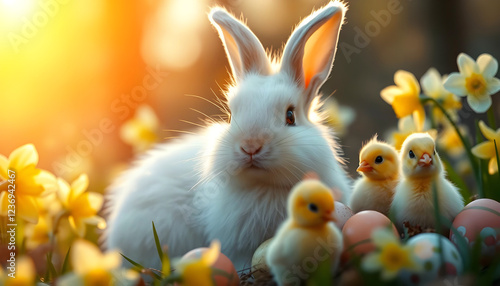 Lapin de Pâques, lapin dans l'herbe verte avec des œufs de Pâques, fond naturel avec espace de copie, vacances de Pâques et bannière de célébration du printemps photo