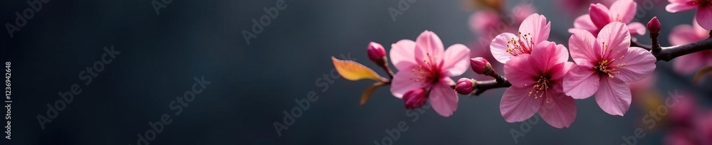Blooming plum tree against a dark grey background with soft pink hues, darkness, spring Blooming plum tree against a dark grey background with soft pink hues, darkness, spring