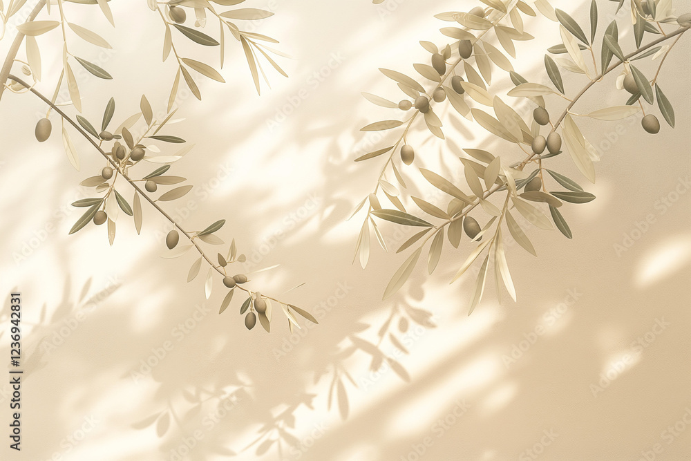 Naklejka premium A serene neutral pastel beige wall adorned with the delicate silhouette of olive tree branches, softly swaying in the light 