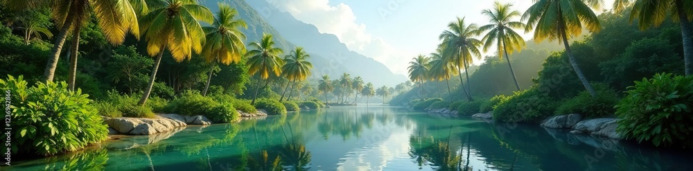 Palm trees sway gently in the breeze amidst a lush green oasis, water reflection, palm tree, peaceful ambiance Palm trees sway gently in the breeze amidst a lush green oasis, water reflection, palm tree, peaceful ambiance