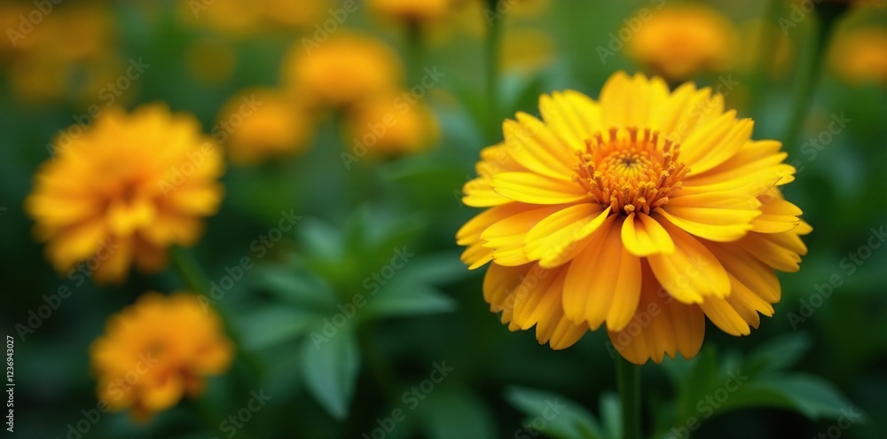 Bright marigold petals against a backdrop of dense foliage, yellow, botanical Bright marigold petals against a backdrop of dense foliage, yellow, botanical