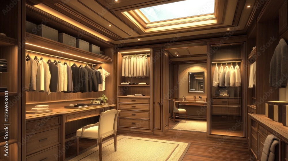 Naklejka premium Luxurious walk-in closet design, wood interior, skylight, dressing area, real estate