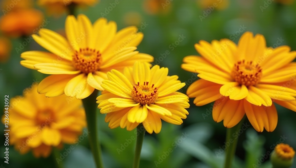 Colorful flowers in a sunny yellow garden backdrop, garden, marigold, gerbera Colorful flowers in a sunny yellow garden backdrop, garden, marigold, gerbera