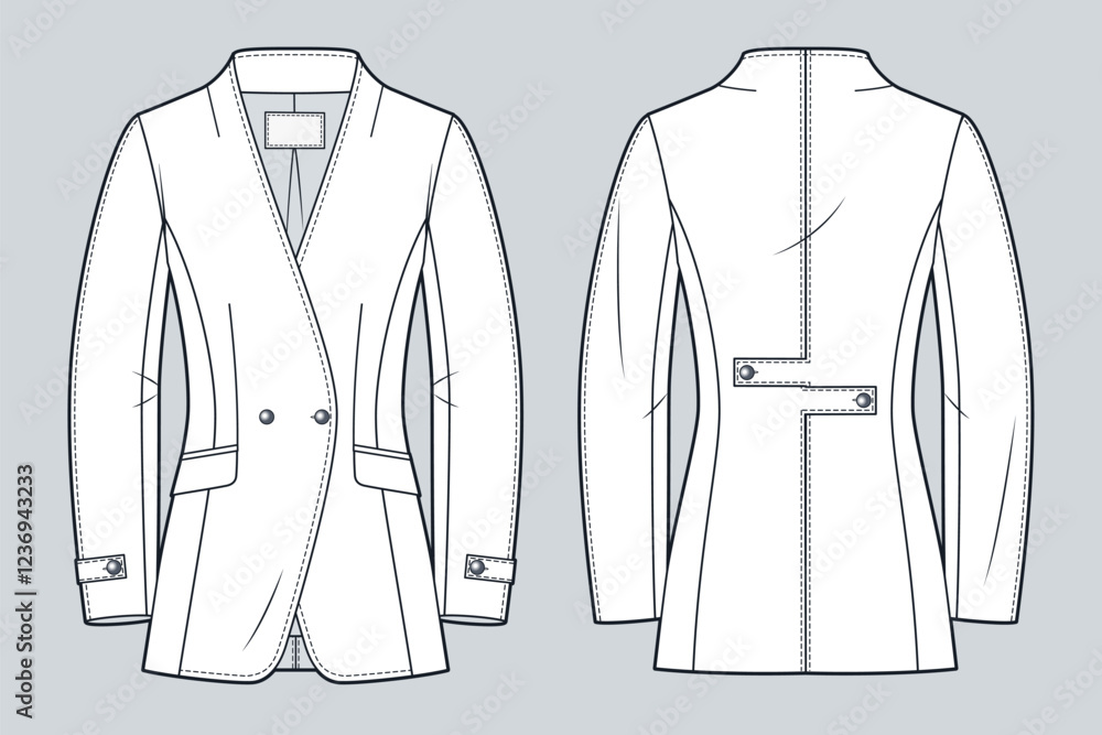 Tailored Jacket technical fashion illustration. Asymmetric Collarless Double-Breasted Blazer fashion flat technical drawing template, fitted, front and back view, white, women, men, unisex CAD mockup. Tailored Jacket technical fashion illustration. Asymmetric Collarless Double-Breasted Blazer fashion flat technical drawing template, fitted, front and back view, white, women, men, unisex CAD mockup.