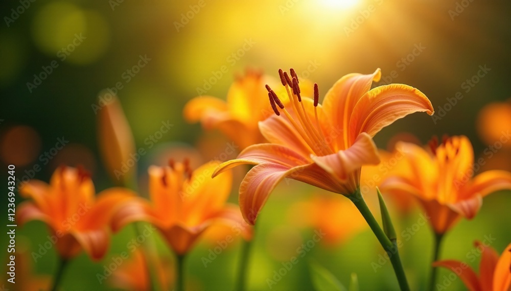 Fototapeta premium Orange lily flowers dance in the warm sunlight of a summer garden, orange lily, stems