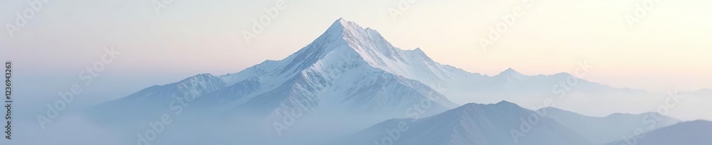 Fototapeta premium Soft gray haze envelops the snow-covered mountain peak in the morning light, atmospheric, haze, light