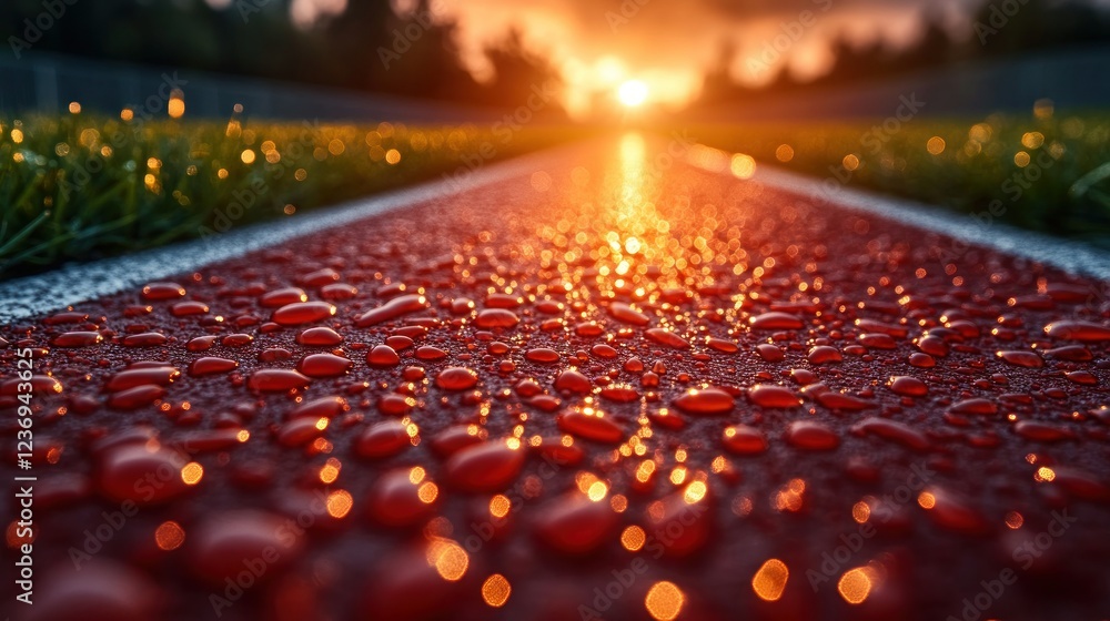 Fototapeta premium Sunset drops on wet track, path to the light