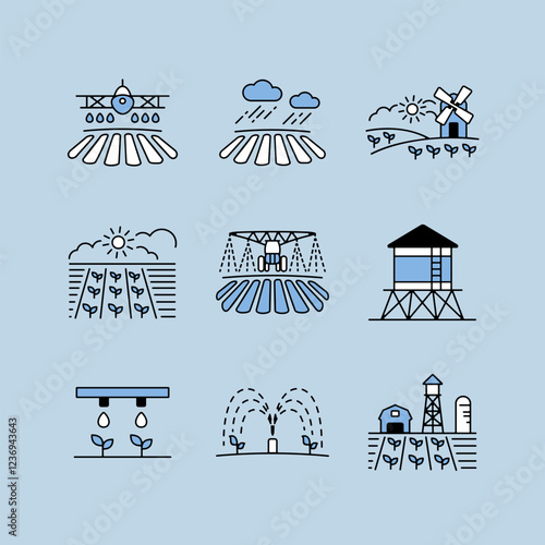 Farm Field isolated icon set.. Agriculture irrigation sign