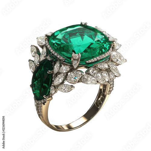 Vintage Emerald and Diamond Ring Isolated on Transparent or blank Background, PNG