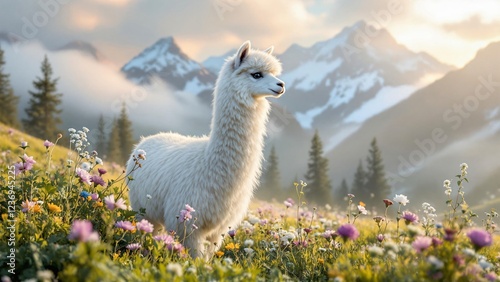 A White Alpaca, a woolly mammal from the Andes, stands in a grassy field