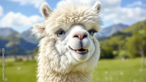Cute white and brown alpacas, related to llamas and vicugna pacos, graze in the green field