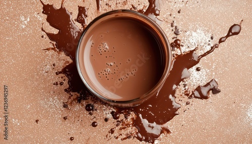 Spilled chocolate milk from a glass, captured from a top-down perspective.