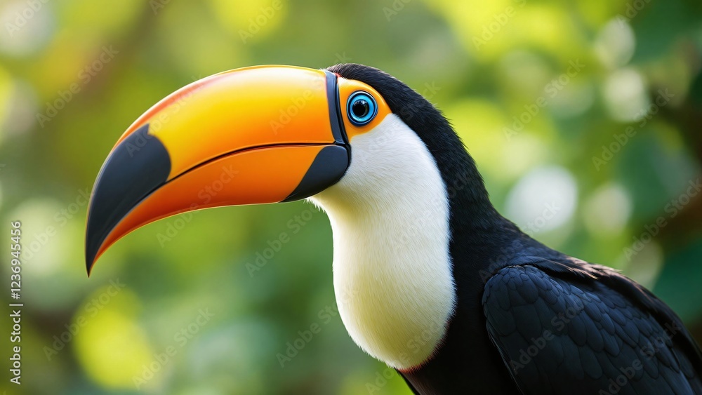 A colorful toucan, a vibrant bird with a large, distinctive beak, perches on a branch in its natural tropical rainforest habitat A colorful toucan, a vibrant bird with a large, distinctive beak, perches on a branch in its natural tropical rainforest habitat