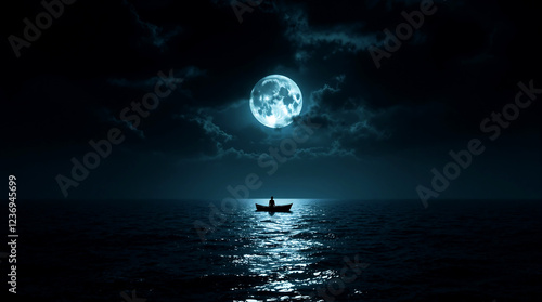 Full Moon Over Dark Ocean with a Lone Boatman photo