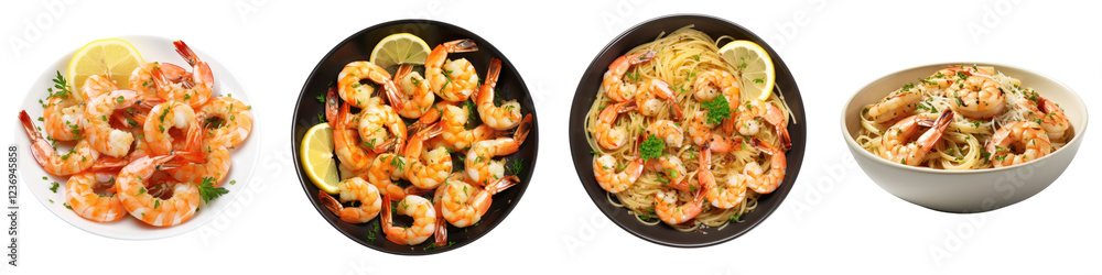 Shrimp scampi isolated on transparent background, PNG, Set of Shrimp scampi isolated on transparent background, PNG, Set of