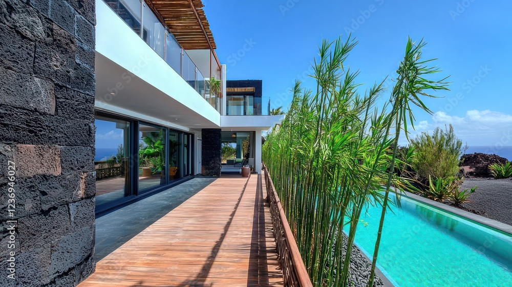 A deluxe villa on Lanzarote with a bamboo terrace and an aquamarine pool on the right A deluxe villa on Lanzarote with a bamboo terrace and an aquamarine pool on the right