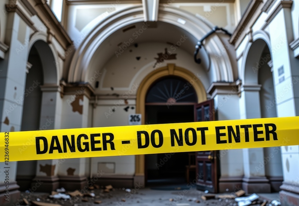 Obraz premium A close-up of a yellow caution tape reading