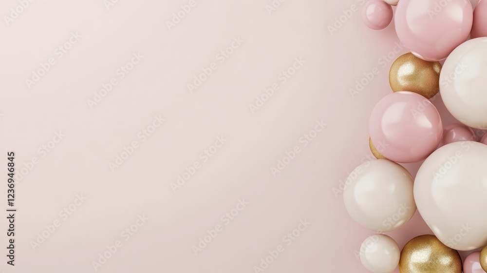 a bunch of balloons on the right side with pink, gold, and white colors against a solid background. Web banner with copy space in the left corner. a bunch of balloons on the right side with pink, gold, and white colors against a solid background. Web banner with copy space in the left corner.