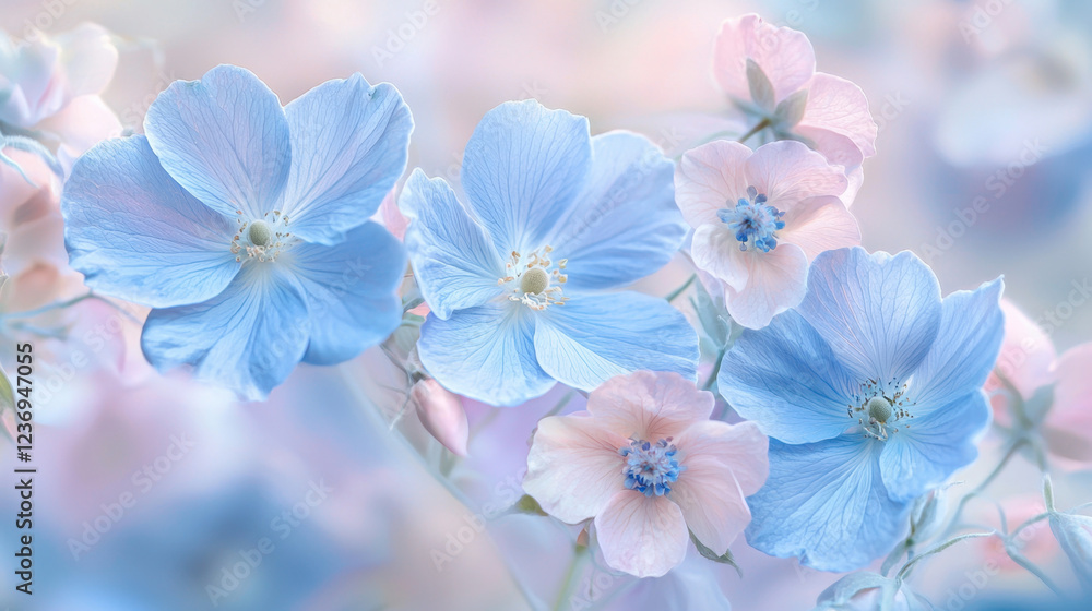 Delicate blue and pink flowers in soft dreamy lighting Delicate blue and pink flowers in soft dreamy lighting