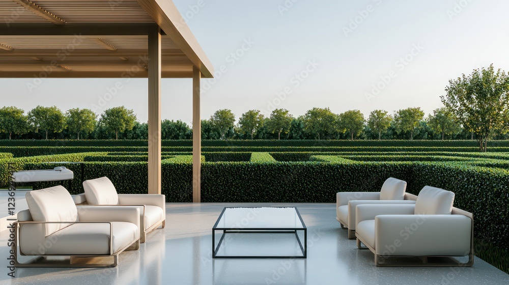 Fototapeta premium A minimalist modern home with an outdoor area under an ash wood gazebo