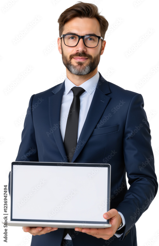 Confident Young Entrepreneur Displaying a Laptop with an Empty Screen on Transparent Background, PNG format Confident Young Entrepreneur Displaying a Laptop with an Empty Screen on Transparent Background, PNG format