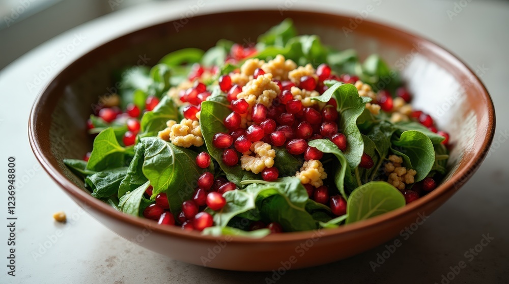 Vibrant Armenian pomegranate salad served in a large shallow ceramic bowl Vibrant Armenian pomegranate salad served in a large shallow ceramic bowl