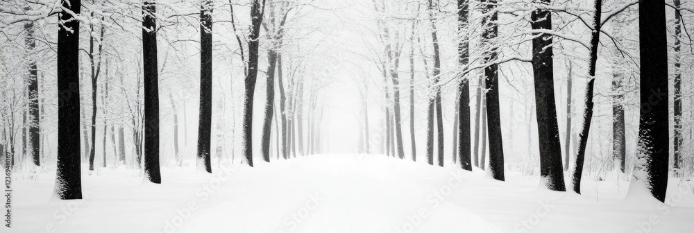 Snow-covered trees line a tranquil path in a serene winter landscape during a snowstorm. Generative AI Snow-covered trees line a tranquil path in a serene winter landscape during a snowstorm. Generative AI