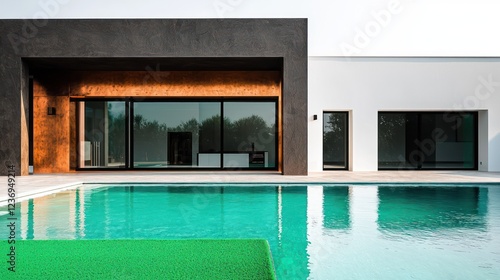 A minimalist villa with a glossy charcoal facade and rustic copper wood accents photo