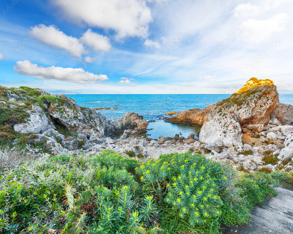 Amazing spring view on the the cape Milazzo panorama of nature reserve Piscina di Venere.