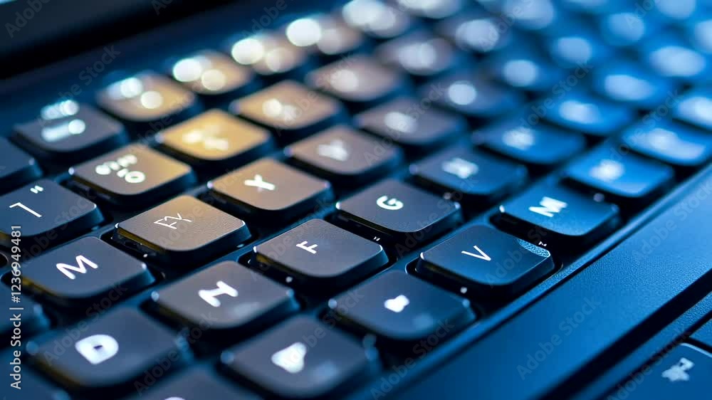 Close-up of a laptop keyboard with illuminated keys at night Close-up of a laptop keyboard with illuminated keys at night