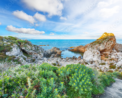 Amazing spring view on the the cape Milazzo panorama of nature reserve Piscina di Venere.