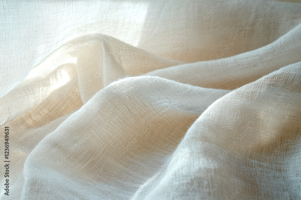 Soft flowing white linen fabric with delicate folds Soft flowing white linen fabric with delicate folds